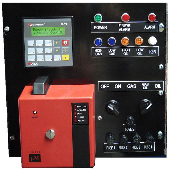 Control Panel for G-Series Burners showing PLC, Fireye control & fuel selection switches & lights