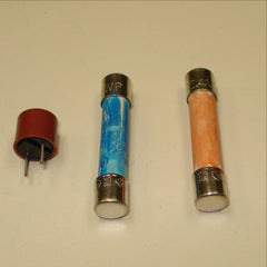 Photo of 10 amp Fireye fuse, and 8 (blue) and 4 (orange) fuses
